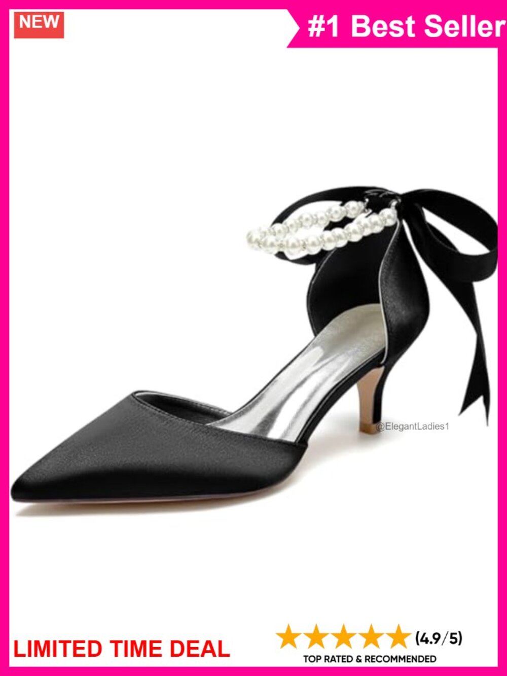 Pointed Toe Kitten Heel Satin Pumps Pearls Ankle Strap Bridal Wedding Heels
